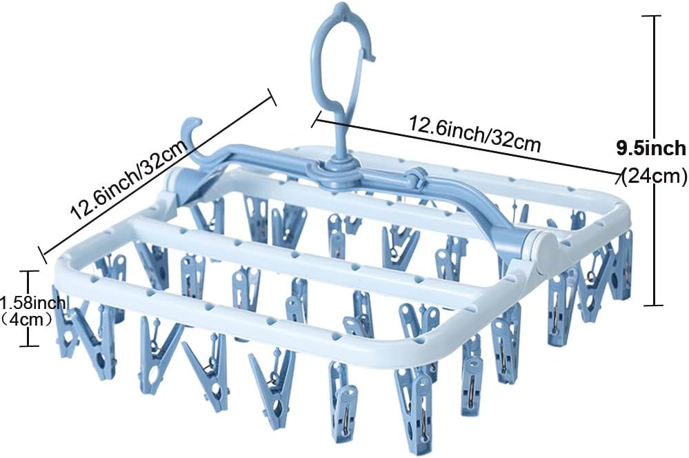 Foshine Clothes Drying Racks Foldable Clip Hangers Plastic with 32 Clips | Clip Hangers Wind-Proof Hook Underwear Hanger For Socks Bras Blue