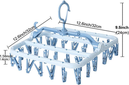 Foshine Clothes Drying Racks Foldable Clip Hangers Plastic with 32 Clips | Clip Hangers Wind-Proof Hook Underwear Hanger For Socks Bras Blue