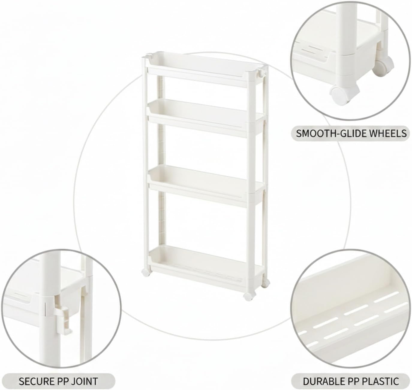 Slim Rolling Storage Cart, White | Plastic Utility Organizer, With Wheels, For Narrow Gaps, Kitchen and Bathroom