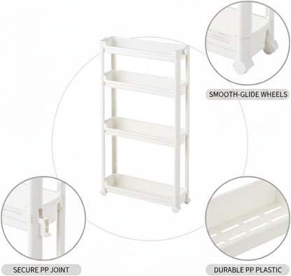Slim Rolling Storage Cart, White | Plastic Utility Organizer, With Wheels, For Narrow Gaps, Kitchen and Bathroom