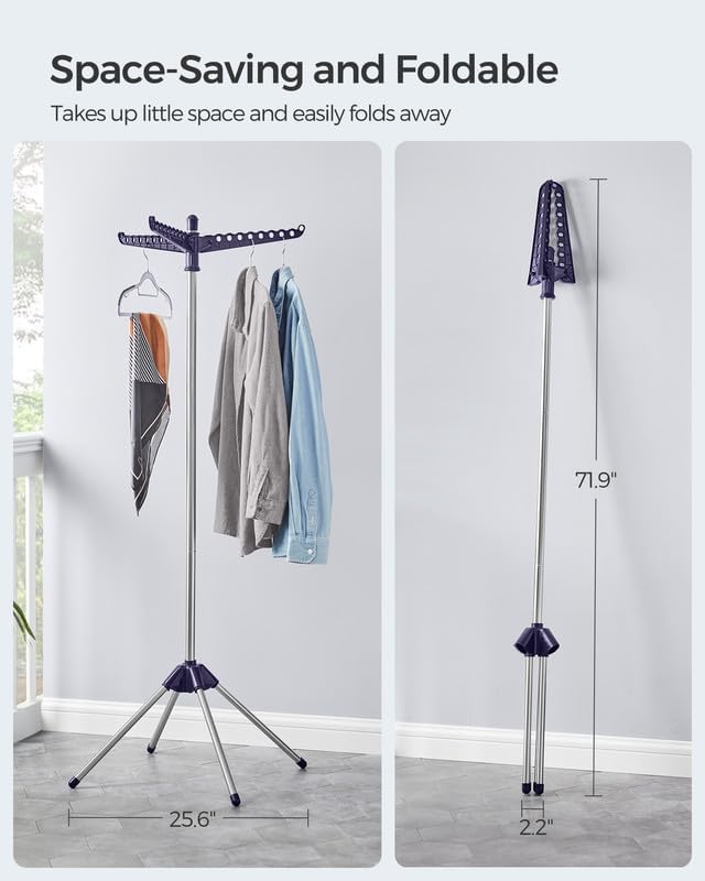 SONGMICS 2-Tier Clothes Drying Rack, 72-Inch Folding Laundry Drying Rack with 3 Rotatable Arms for Hangers, 24 Clips, Stainless Steel, for 27 Pieces of Clothes, Blue and Silver ULLR512Q01