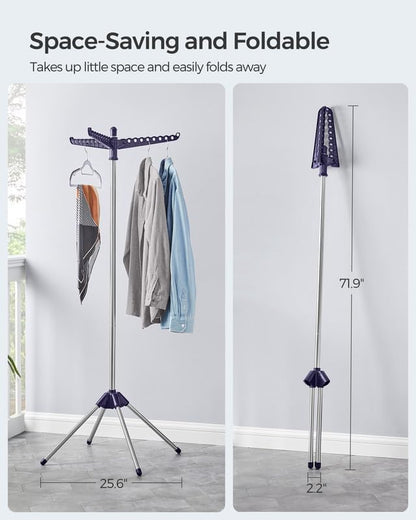 SONGMICS 2-Tier Clothes Drying Rack, 72-Inch Folding Laundry Drying Rack with 3 Rotatable Arms for Hangers, 24 Clips, Stainless Steel, for 27 Pieces of Clothes, Blue and Silver ULLR512Q01