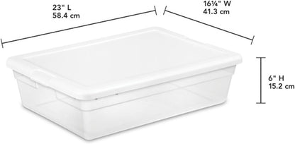 Sterilite 6 Pack Storage Box, 41 Quart Stackable Tote, Clear Plastic Container with Secure Snapping White Lids for Home and Office Organization