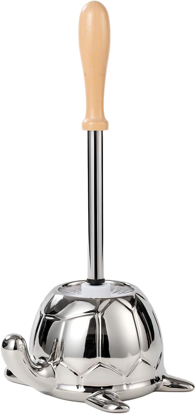 Toilet Brush and Holder Set, Ceramic Turtle Base Toilet Brush Set - 7.5” Bowl Cleaner, Toilet Scrubber Brush with Ergonomic Handle (Silver)