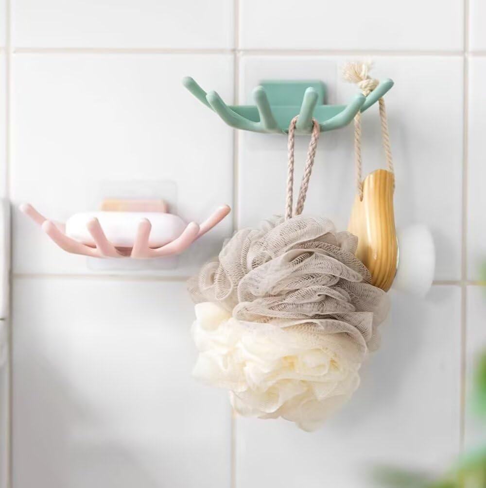Soap Dish Holder for Shower Bar Double Layer Cute Lotus Shape Adhesive Tray Sink Wall Mounted Shampoo NO-Drilling Self Draining Hanging Saver Rack Plastic Bathroom Bathtub Kitchen，Pink