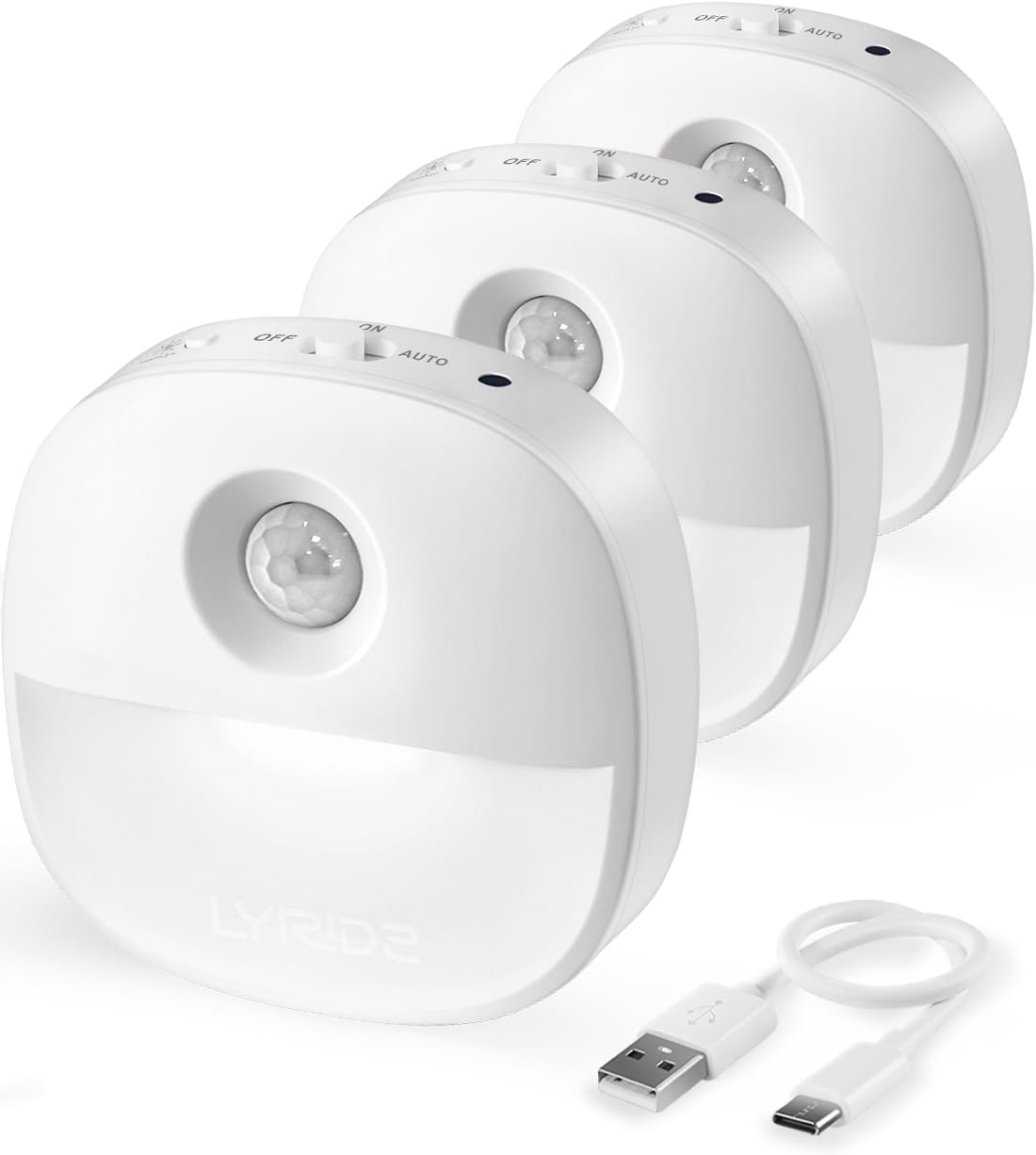 Lyridz Rechargeable Night Light, Motion Sensor Battery Nightlight, Mini Stick-on LED Closet Light, 1-20LM Dimmable Brightness for Bathroom, Bedroom, Kitchen, Washroom, Stairs, Hallway, 3-Pack