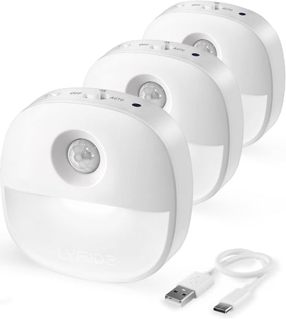 Lyridz Rechargeable Night Light, Motion Sensor Battery Nightlight, Mini Stick-on LED Closet Light, 1-20LM Dimmable Brightness for Bathroom, Bedroom, Kitchen, Washroom, Stairs, Hallway, 3-Pack