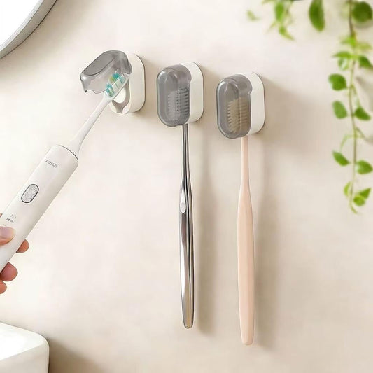 3 PCS Wall Mounted Toothbrush Holders for Bathrooms with Cover, Dustproof Strong Adhesive Toothbrush Holder, No-Drill Space-Saving Shower Toothbrush Organizer Set for Family & Travel (White)