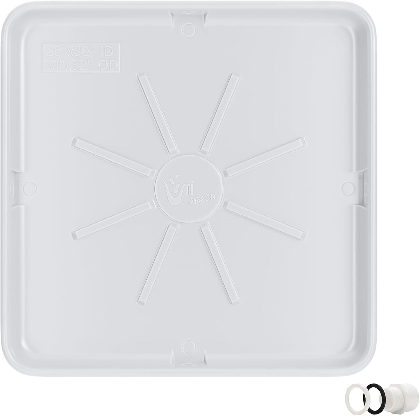 30x32inch Washing Machine Drain Pan, with Raised Edge, Features a Heavy Durable Plastic, Floor Protector - Protects Floors from Leaksf, with 1" Drain Fittings, Black
