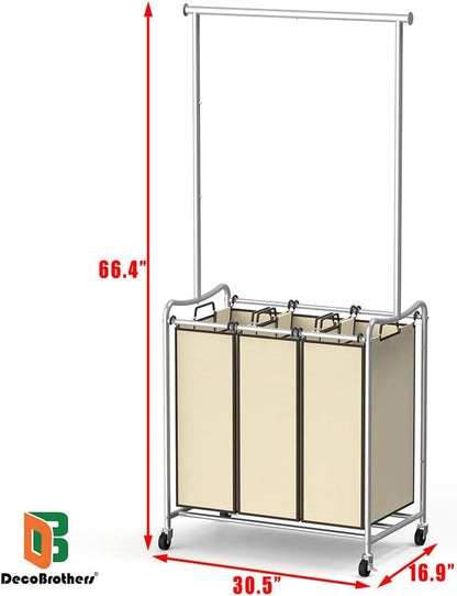 Deco Brothers Heavy Duty 3 Bag Extendable Laundry Sorter Cart with Hanging Bar, Beige