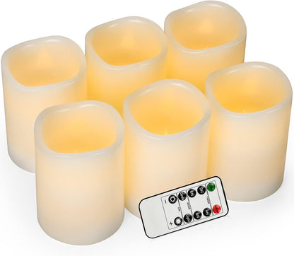 AKU TONPA Flameless Candles Battery Operated Pillar Real Wax Flickering Electric LED Candle Gift Sets with Remote Control Cycling 24 Hours Timer, Pack of 6 (3" D x 4" H, Ivory)