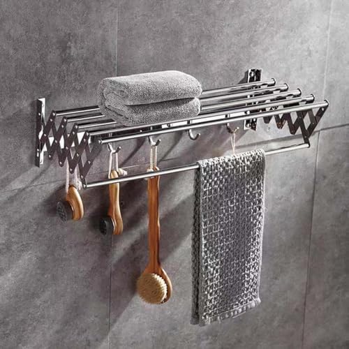 Stainless Steel Wall Mounted Towel Rack Clothes Airer Laundry Drying Rack Folding Adjustable Collapsible Space Saver Dryer Bath Towel Rail Bar with Hooks(Size:60cm)
