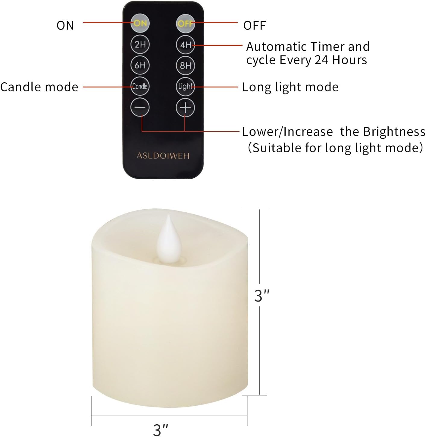 3x3 Flickering Flameless Candles Set of 2, 2AA Battery Life 600 Hours Battery Candles Flickering with Timer,3 inch Flameless Candles with Remote for Indoor/Outdoor, Ivory