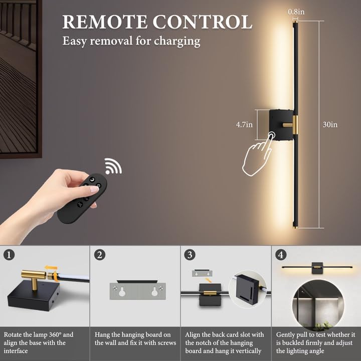 SAIMAND Wall Sconces Set of 2 Battery Operated, Wireless USB Rechargeable Wall Lights with Remote Control, 360° Rotation, 8000mAh LED Dimmable Picture Lamp for Living Room,Bedroom,Hallway (30in Black)