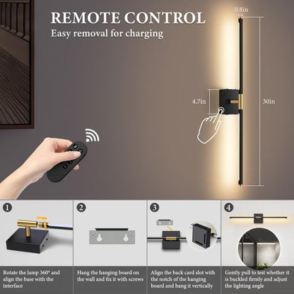 SAIMAND Wall Sconces Set of 2 Battery Operated, Wireless USB Rechargeable Wall Lights with Remote Control, 360° Rotation, 8000mAh LED Dimmable Picture Lamp for Living Room,Bedroom,Hallway (30in Black)