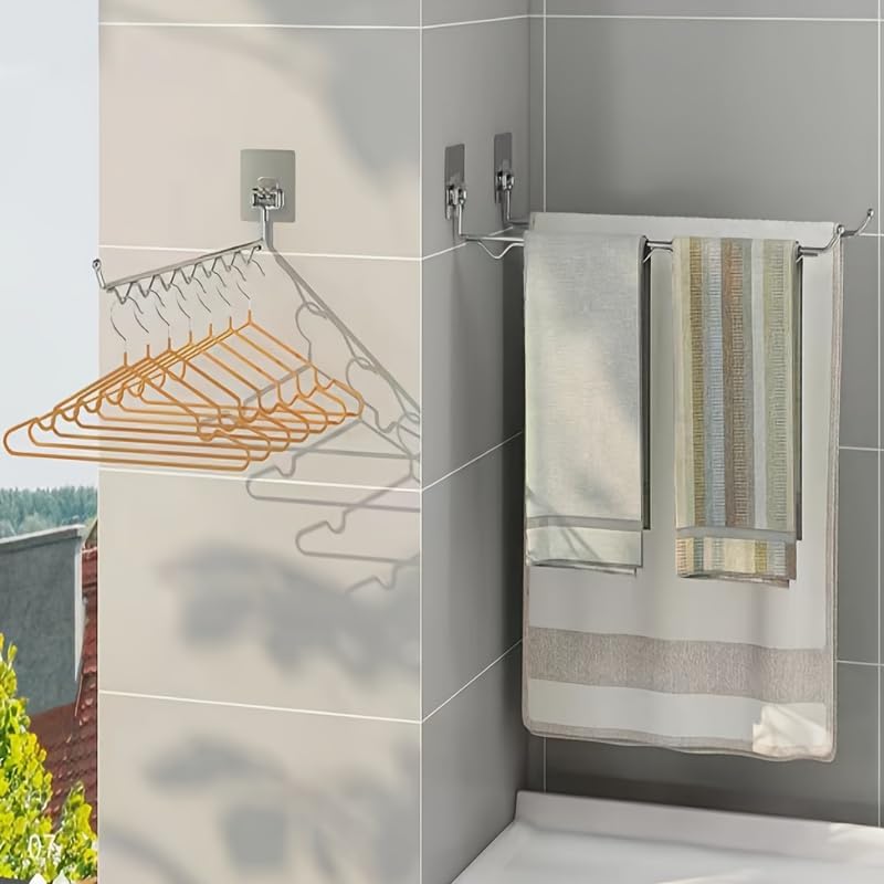 2PCS Wall Mounted Drying Rack Laundry Room Organization Clothes Hanger Rack Stainless Steel Folding Clothes Drying Racks Wall-Mounted Adhesive Balcony Tool Hanger Racks Space Saving