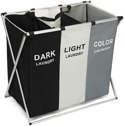 TEEM 3-Section Laundry Basket Organizer, Foldable Hamper with Dividers, 150L Large Capacity, Waterproof 600D Oxford Fabric, Freestanding Lightweight Clothes Sorter Bedroom, Dorm, Bathroom (24x15x26in)