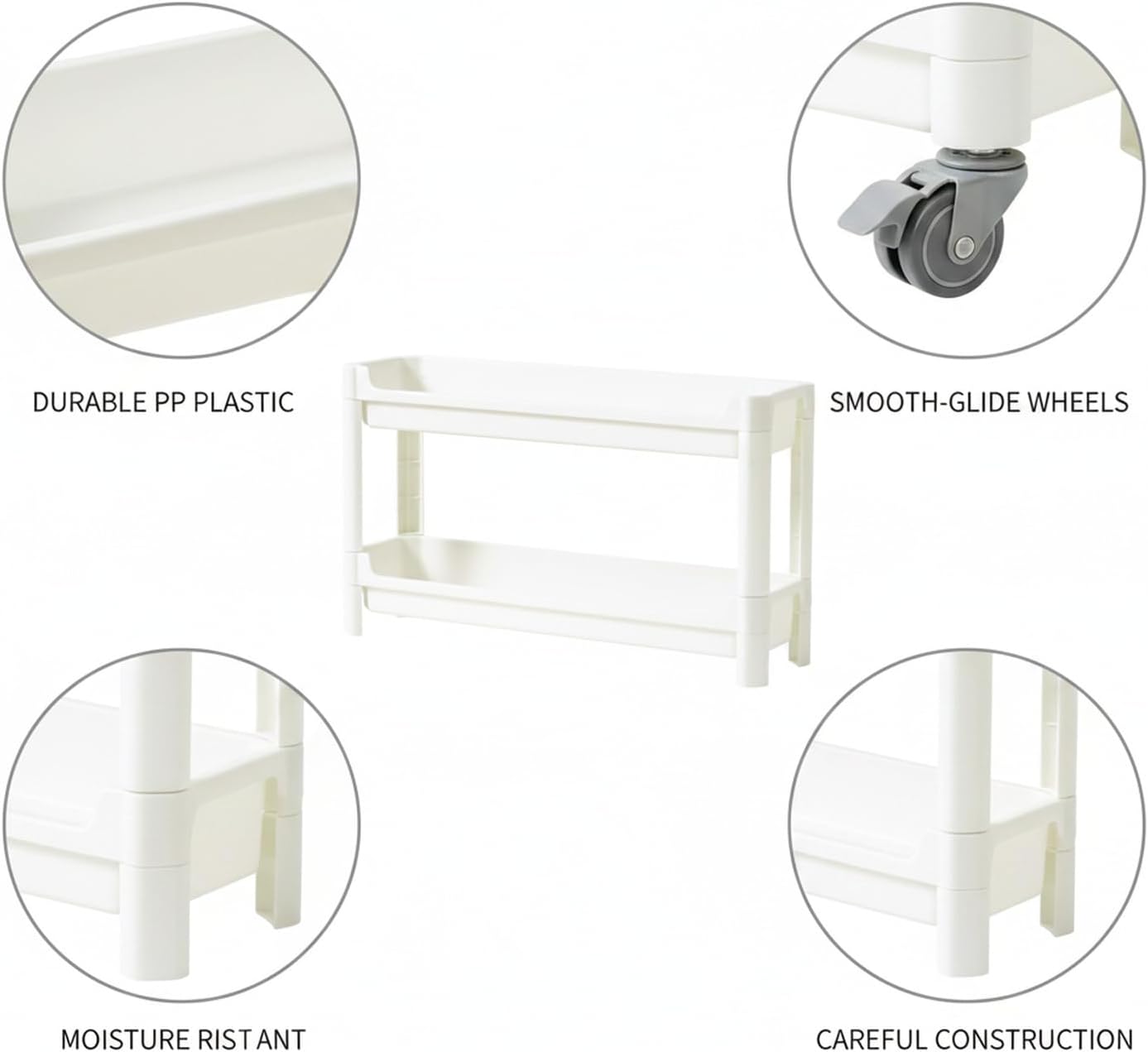 Slim Rolling Storage Cart, White | Plastic Utility Organizer, With Wheels, For Narrow Gaps, Kitchen and Bathroom