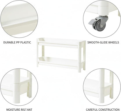 Slim Rolling Storage Cart, White | Plastic Utility Organizer, With Wheels, For Narrow Gaps, Kitchen and Bathroom