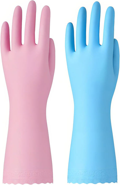 Bamllum Rubber Cleaning Gloves - 3 Pairs Latex Free Kitchen Cleaning Gloves with Cotton Liner- Household Dishwashing Gloves, Non- Slip Waterproof (Medium, Blue+Pink+White)