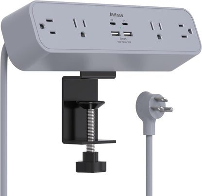 Mifaso PD30W Desk Clamp Power Strip, Surge Protector, Fast Charging Station | 4 Outlets, 4 USB (2 USB C), 5FT Extension Cord, Desk Organizer Gaming Accessories Office Essentials, Fits 1.96" Tabletop Edge