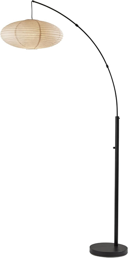 Adesso Arc Floor Lamp, 80” Tall Black Base, Oval Off-White Paper Shade – Convenient Overhead Lighting for Living Room, Nursery, Bedroom or Office