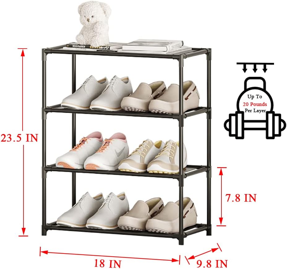 Small Shoe Rack 6-8 Pairs Sturdy Shoe Shelf 4-Tiers Narrow Stackable Shoe Organizer,Lightweight Kids Shoe Racks for Entryway, Doorway and Closet（Black）