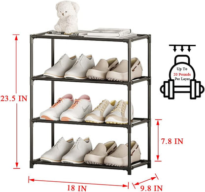 Small Shoe Rack 6-8 Pairs Sturdy Shoe Shelf 4-Tiers Narrow Stackable Shoe Organizer,Lightweight Kids Shoe Racks for Entryway, Doorway and Closet（Black）