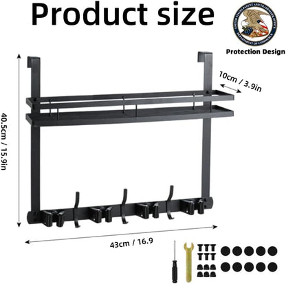 Over the Door Heavy Duty Metal Broom & Mop Holder, No-Drill Cleaning Supply Organizer with 4 Grips, 3 Hooks & 1 Storage Basket for Laundry Room & Garage