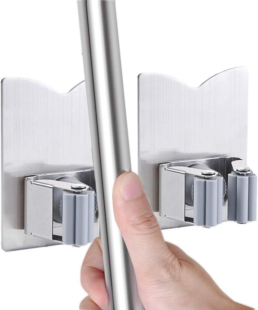 HANZE 2 Pack Stainless Steel Mop Broom Holder Organizer, Self Adhesive Wall Mounted Mop Organizer Storage Rack Clip for Kitchen Bathroom and Garage (Rectangle, Large)