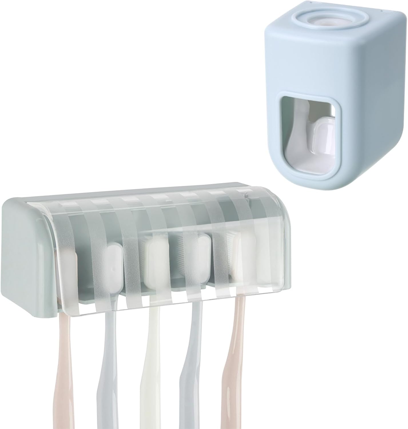 5 Slots Wall Mount Toothbrush Holder with Cover, Self Adhesive Toothbrush Storage Organizer for Shower, Toothbrush Hanger with Automatic Toothpaste Squeezer Dispenser