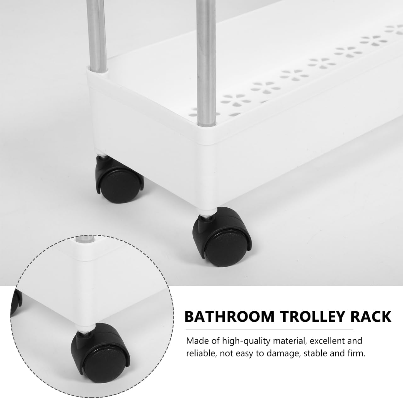 Housoutil Slim Rolling Storage Cart, 2-Tier Mobile Shelving Unit, White Plastic and Iron Trolley Rack for Kitchen, Bathroom, Office, Laundry Room, 15.74 X 15.74 X 5.11 Inches