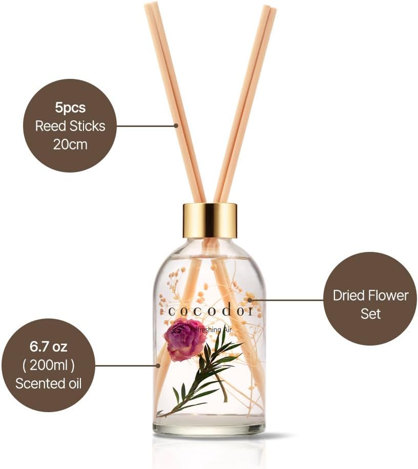 COCODOR Flower Reed Diffuser Set / 6.7oz / White Jasmine/Scent Diffuser with Sticks Home Fragrance Reed Diffuser for Bathroom Shelf Decor