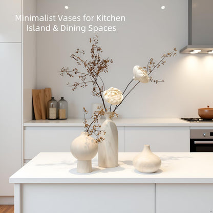 White Ceramic Vase Set of 3 in Beige, Modern Aesthetic Stone-Look Textured Pottery Vases for Shelf & Bookshelf Home Decor, Neutral Minimalist Decorative Vases for Flowers & Pampas Grass