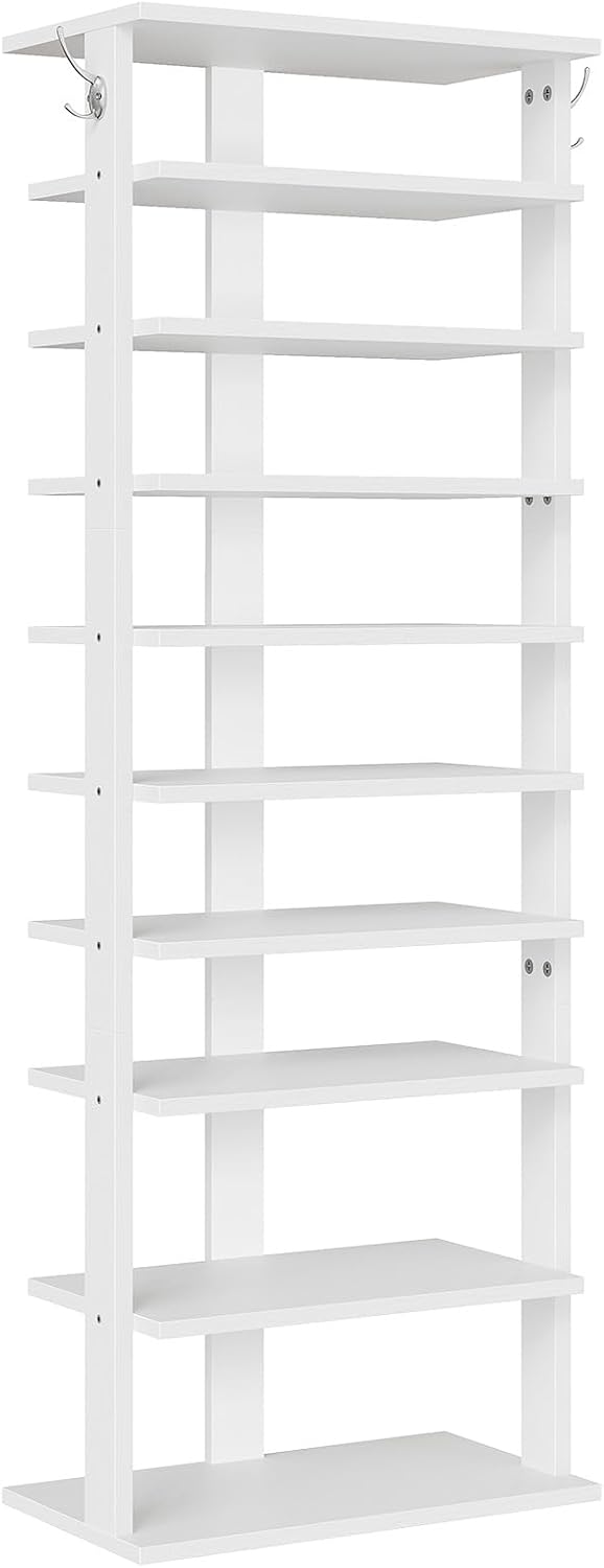 HOOBRO 8 Tiers Vertical Shoe Rack, Wooden Shoe Storage Organizer with Hooks, Narrow Shoe Tower for 8 Pairs, Space Saving, for Entryway, Living Room, Bedroom, Rustic Brown BF07XJ01G1