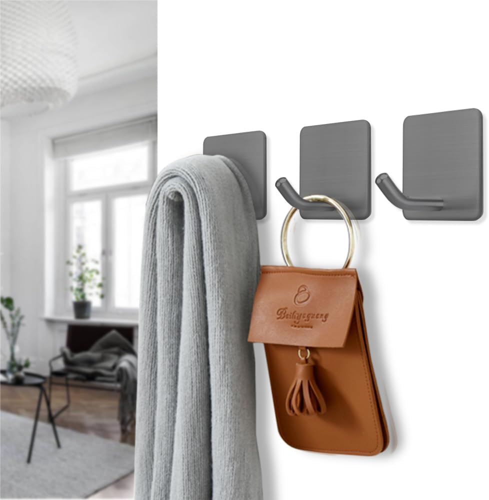 FOTYRIG Heavy Duty Adhesive Towel Hooks Stick on Towel Hanger Wall Holder Waterproof Stainless Steel Sticky Hooks for Hanging Bathroom Kitchen Home-4 Packs