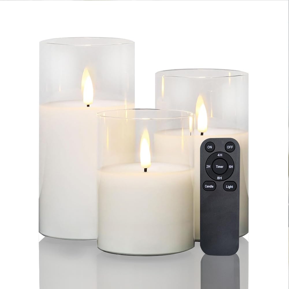 Battery Operated Flameless Candles with Remote Timer Real Wax Realistic Bright Flicker Flickering Electric Electronic LED Pillar Lights Home Wedding Party Decorations Set of 3 Rustic Texture Gray Grey