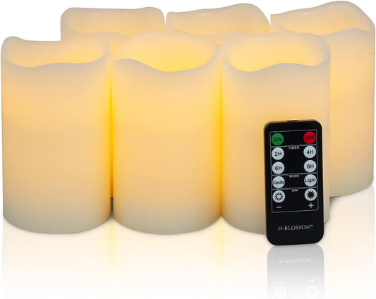 H-BLOSSOM Flameless Candles Battery Operated Real Wax Pillar LED Candles with 10 Key Remote Control Cycling 24 Hours Timer Set of 6 (3" x 6" Remote)