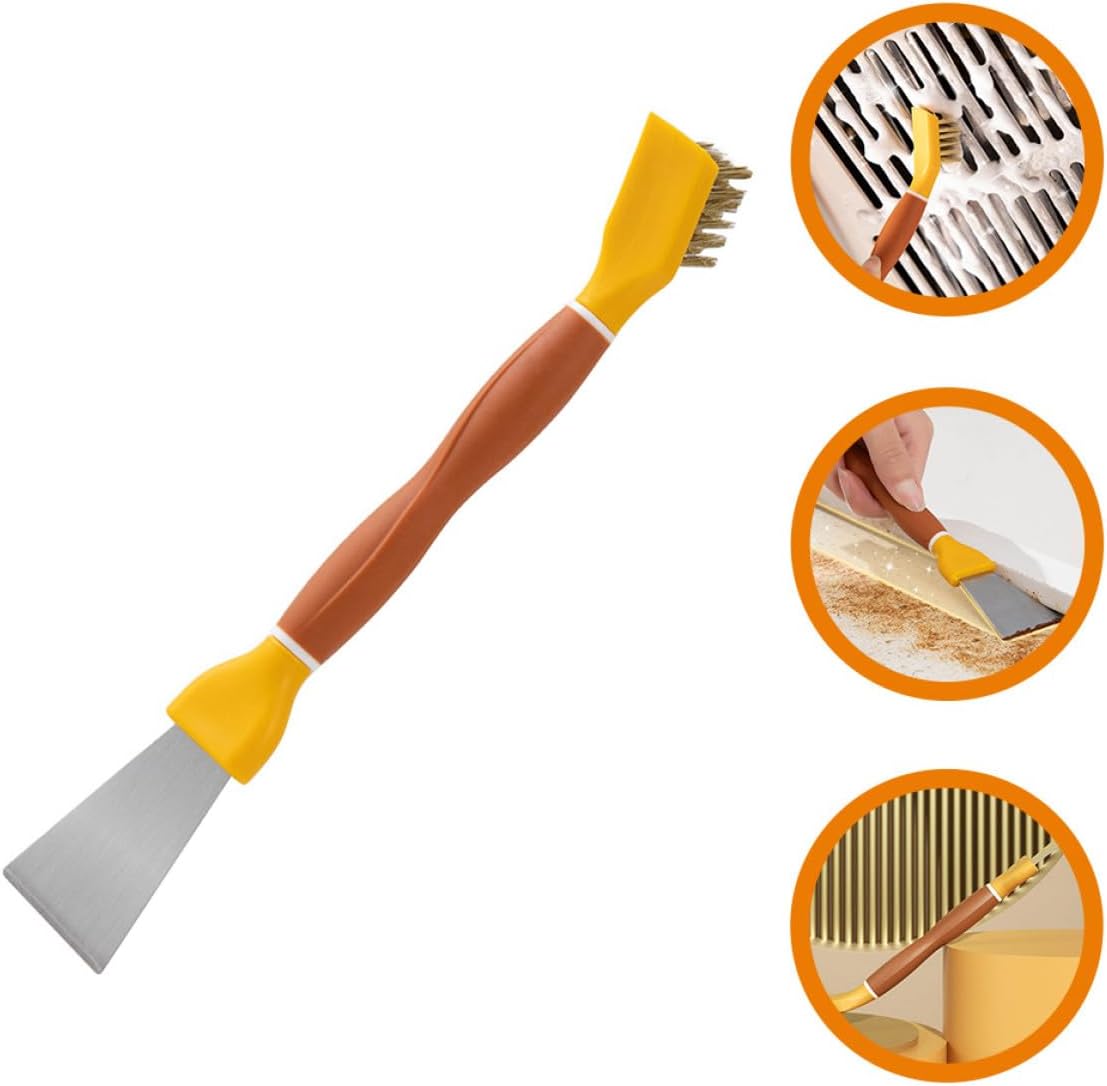 Multipurpose Kitchen Cleaning Brush with Stiff Bristles and Double-Ended Stainless Steel Scraper, Heavy-Duty Stove Cleaner for Gas Burners and Refrigerator Defrosting, Yellow