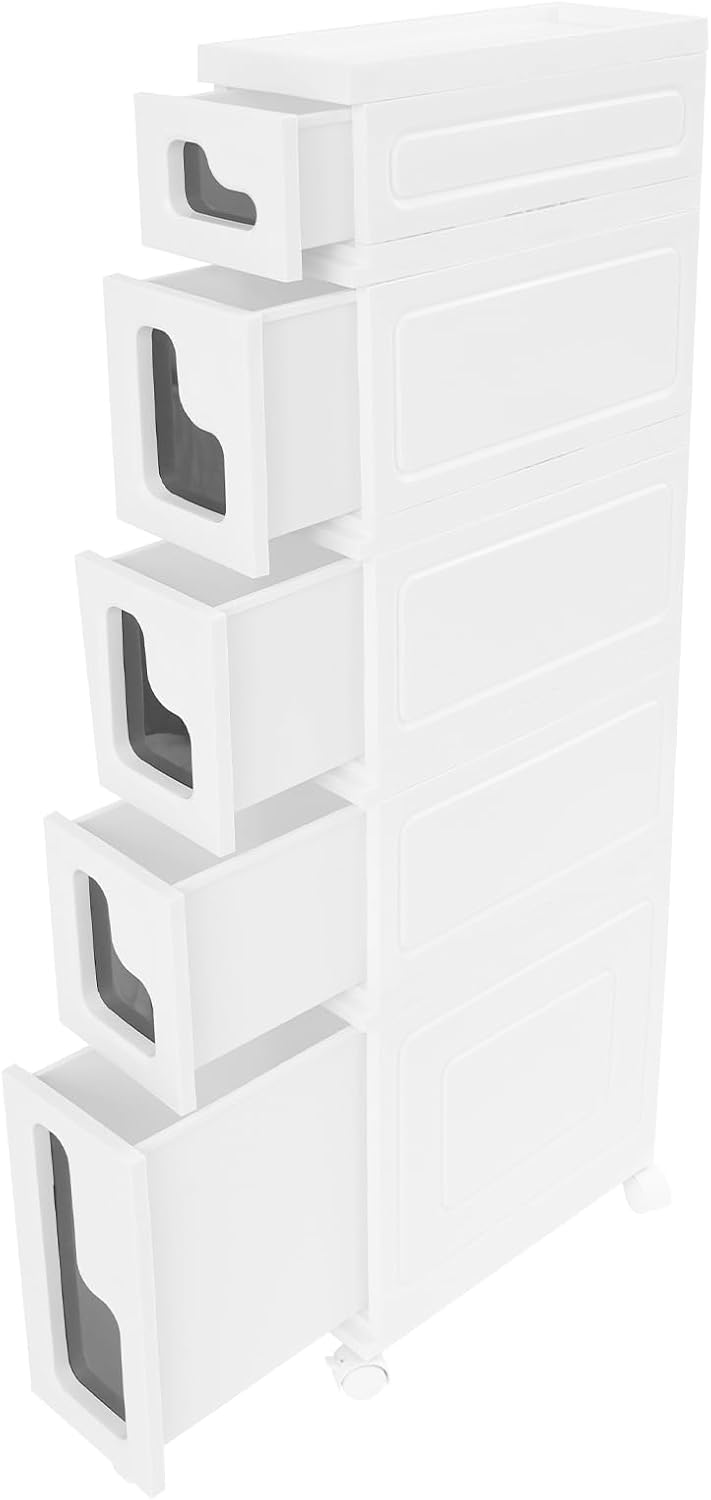 Narrow Bathroom Storage Cabinet with Drawers, 5.5" Slim Floor Standing Rolling Cart on Lockable Wheels, PP Unit with Toilet Paper Holder for Small Space, Kitchen, Laundry Room (3 Tier)