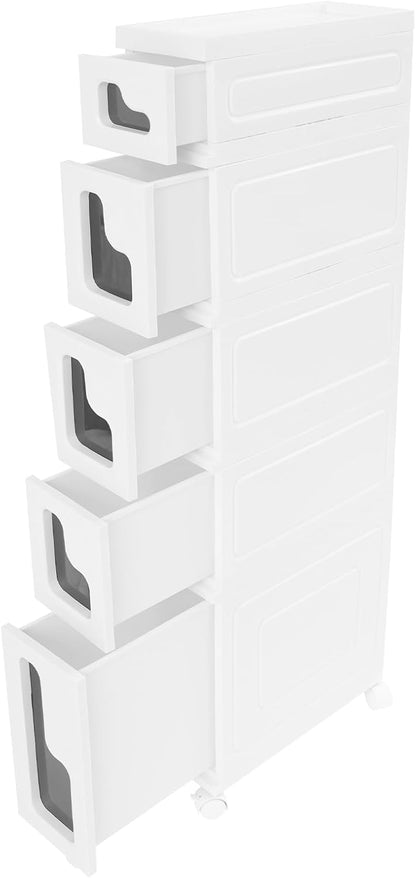 Narrow Bathroom Storage Cabinet with Drawers, 5.5" Slim Floor Standing Rolling Cart on Lockable Wheels, PP Unit with Toilet Paper Holder for Small Space, Kitchen, Laundry Room (3 Tier)