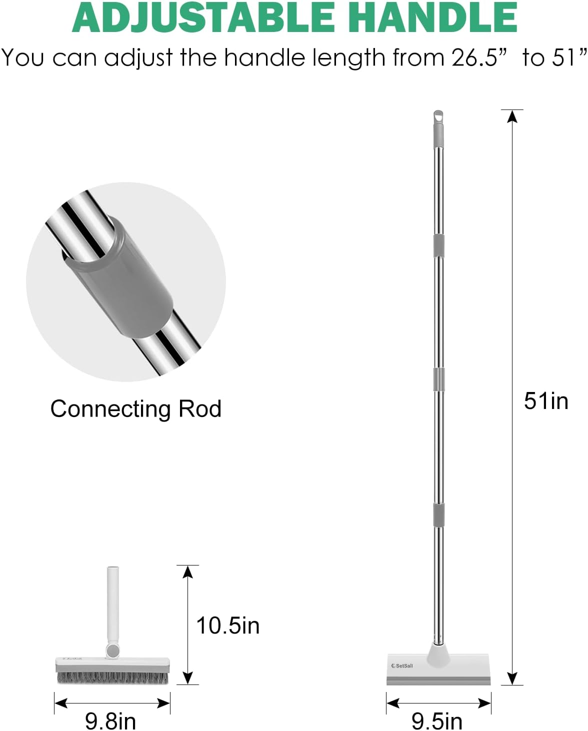 SetSail Floor Scrub Brush with 51-Inch Long Adjustable Handle 2 in 1 Scrape Brush Stiff Bristle Floor Scrubber for Cleaning Shower Bathroom Garage Kitchen Wall Deck Tub Tile