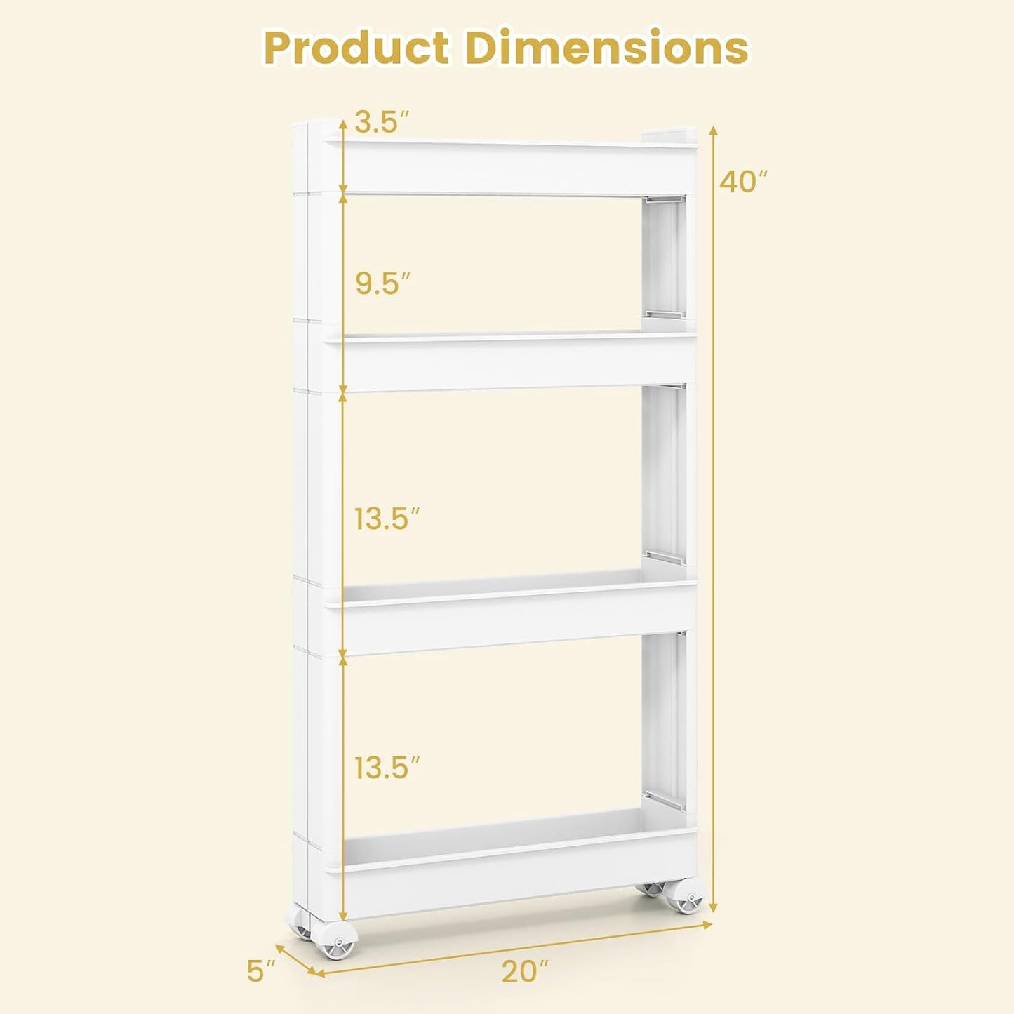 GOFLAME 4-Tier Rolling Utility Cart, Multifunctional Slim Storage Trolley with Detachable Trays and Wheels, Mobile Shelving Unit Organizer for Kitchen, Living Room and Bathroom (20” × 5” × 40”)