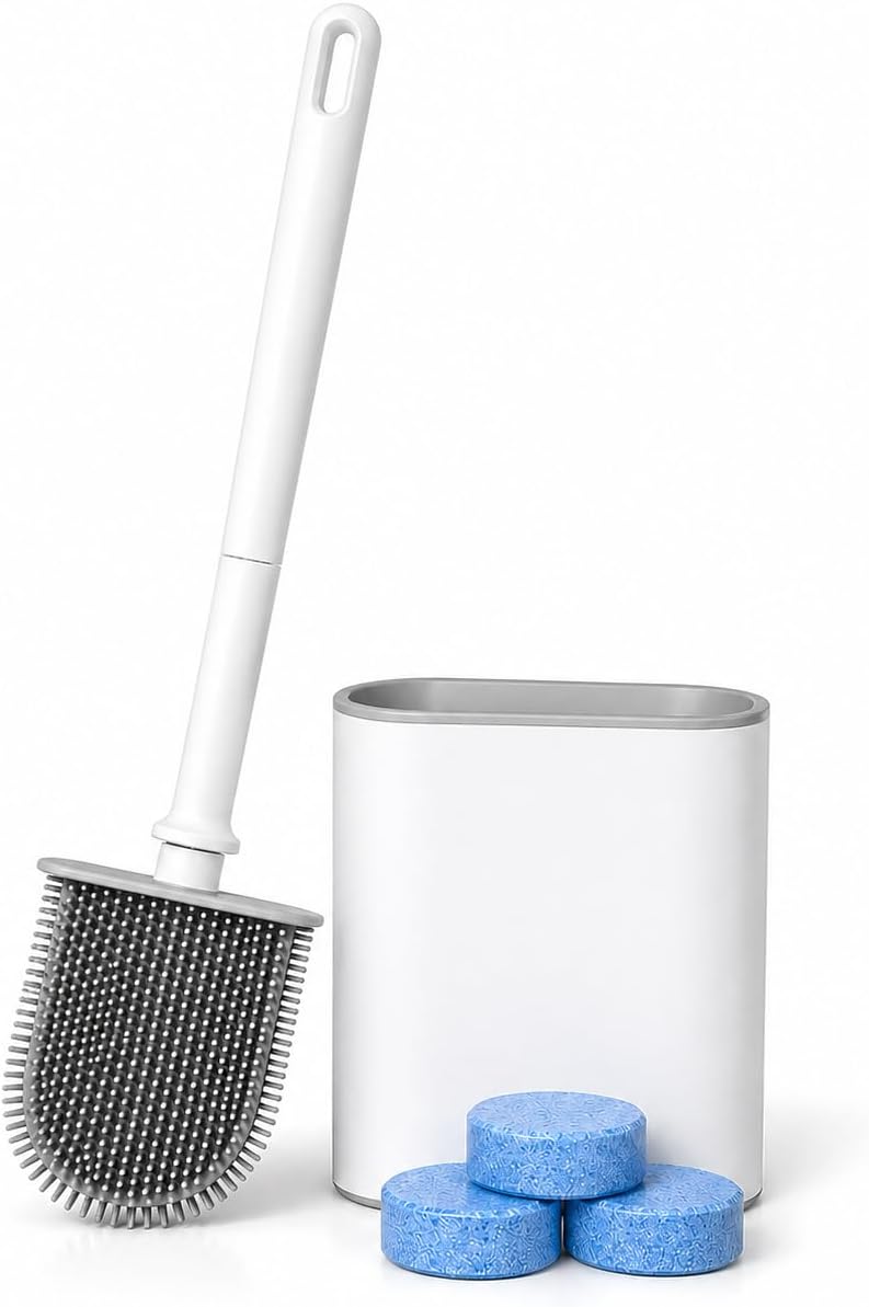 Silicone Toilet Brush and Holder Set with 3 Cleaning Tablets, Quick-Dry Base, Flexible Non-Scratch Bristles, Odor-Free Bathroom Toilet Bowl Cleaner Brush, Compact Space-Saving Design