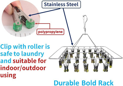 Quick Release Stainless Steel Laundry Drying Rack with Clips, Swivel Hook Wind-Proof Clothes Hanger Rack for Sock, Bras, Underwear, Laundry (Rectangle 30 Clips)