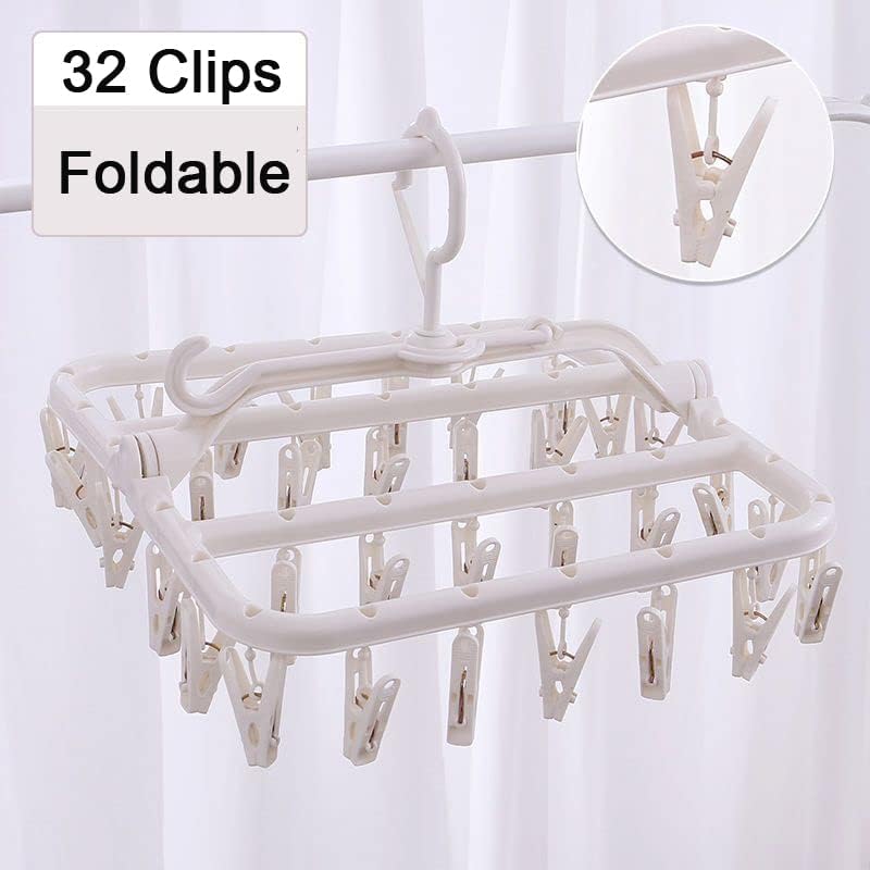 Foshine Clothes Drying Racks Foldable Clip Hangers Plastic with 32 Clips | Clip Hangers Wind-Proof Hook Underwear Hanger For Socks Bras Blue