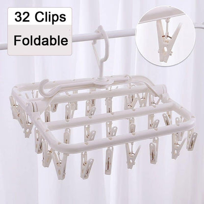 Foshine Clothes Drying Racks Foldable Clip Hangers Plastic with 32 Clips | Clip Hangers Wind-Proof Hook Underwear Hanger For Socks Bras Blue
