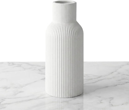 White Ceramic Flower Vases Set of 3, Modern Matte Vertical Ribbed, Nordic Minimalist Decor for Pampas, Dried & Fresh Flowers, Centerpiece for Living Room, Shelf, Entryway, Wedding,Office