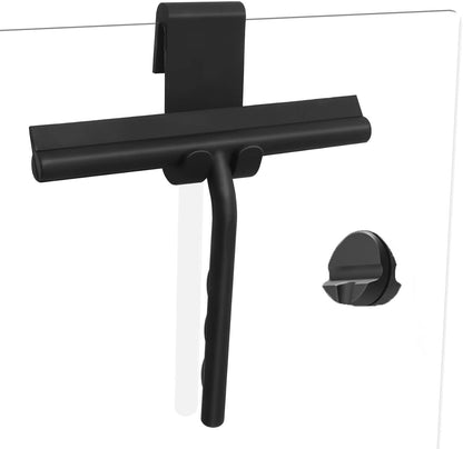 Squeegee for Shower Glass Doors, Resilient Loop - No-Drill & Adhesive Hook, Silicone Shower Squeegee with Stainless Steel Core, Cleaning Tool for Home, Kitchen, Bathroom & Car - Black