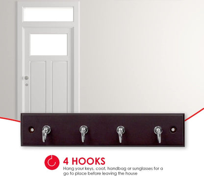 4 Hook Wall Mounted Key Rack by Home Basics | Engineered Cherry Wood Finish for Organizing Keys, Coats, and Accessories | Simple Design adds a Function Addition to Any entryway, Kitchen, or Hallway